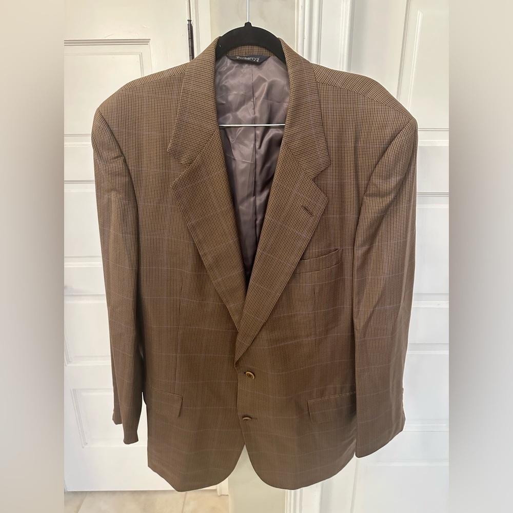 Vintage Burberry Brown Blue Houndstooth Plaid Blazer Sport Coat Men’s 46 Long